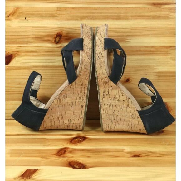 Toms Womens 9.5 Navy Blue Canvas Strappy Wedge Heel Sandals Ankle Strap - Picture 7 of 9
